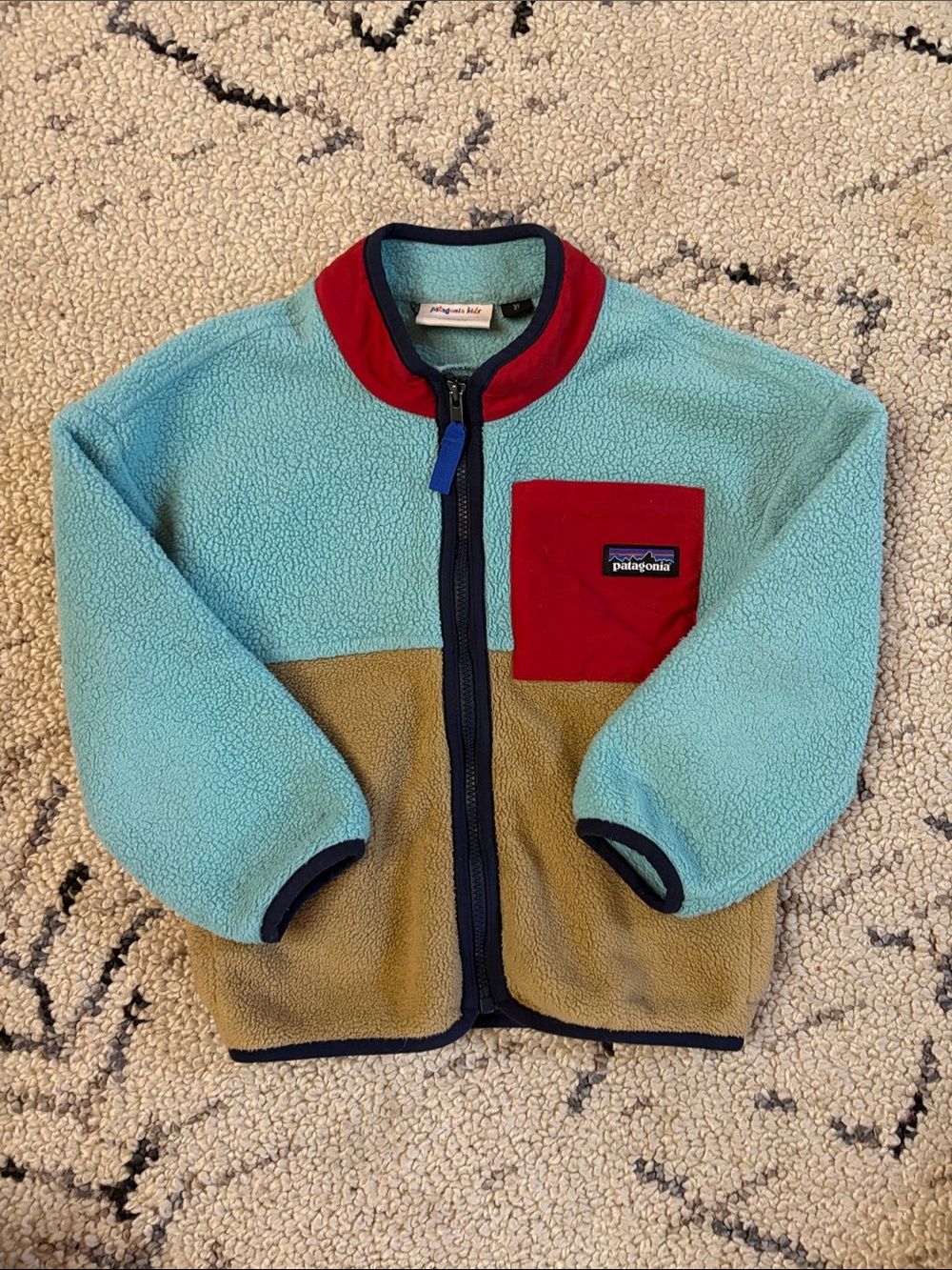 Patagonia Kids Colorblock Fleece Jacket in Aqua, Brown & Red 3t
